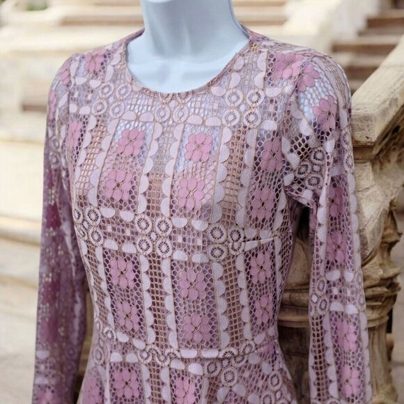 ModCloth ✦ Lace Skater Dress ✦ Pink & Beige Floral Sheer Long Sleeves Open Back - Picture 11 of 16